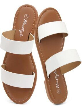Women's White Comfortable Open Toe Double Strap Slide Slip On Flat Sandal Shoes